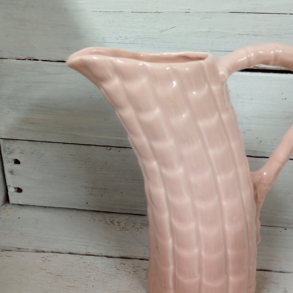 Vintage Pink Bamboo Style Handled Pitcher, Numbered and Made in USA, MCM - Picture 3 of 10